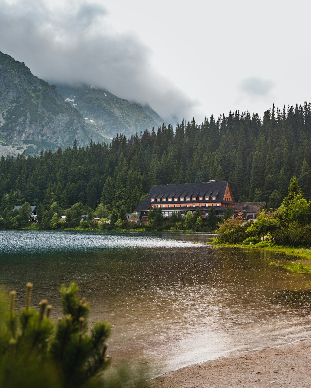 Scenic mountain lake resort at sunset in Slovakia